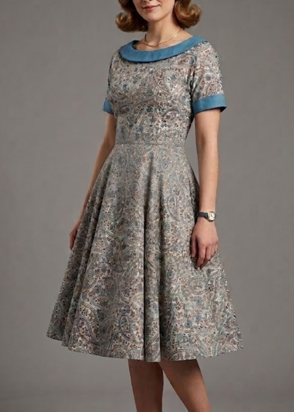 VTG 50s 60s Paisley Two Piece Skirt Set Boatneck Top Full Flare Skirt Metal Zip